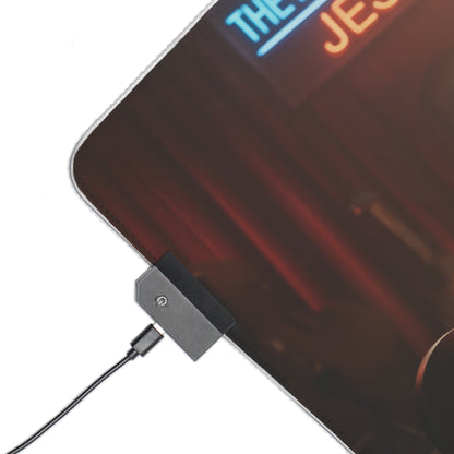 Jessica Rabbit Desk Mat – LED RGB Pad, Waifu Anime Girl Setup showing corner connection, LED controller and stitched edge on gaming desk mat