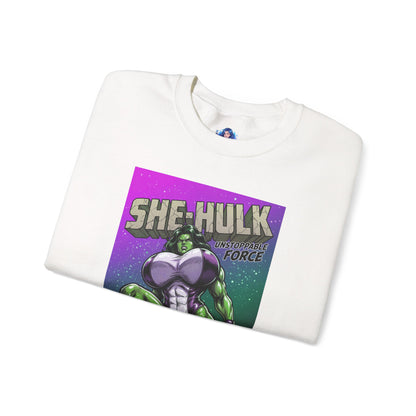 She-Hulk Sweatshirt, Comic Character Art, Premium Fan Apparel - folded white crewneck featuring vivid green She-Hulk illustration
