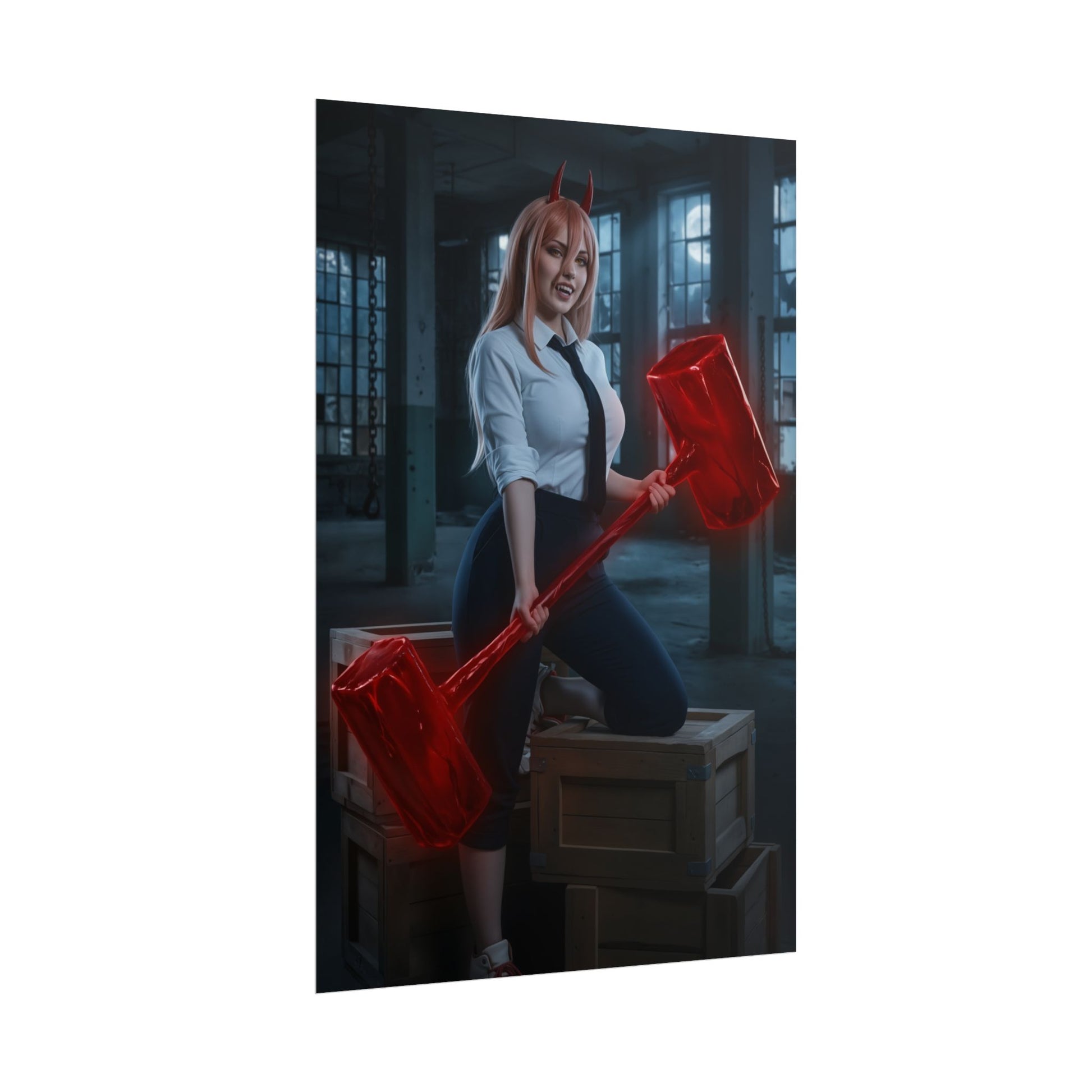 Power Poster, Chainsaw Man Art Print, Iconic Fiend Character Wall Decor featuring Blood Fiend with red hammer in moody industrial setting