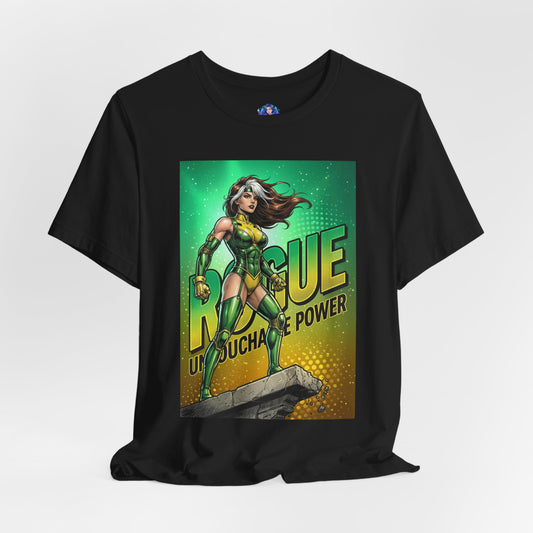 Rogue T-Shirt | Marvel X-Men Anime Tee for Gamers & Fans front view on black Bella Canvas 3001 showing anime-style Rogue in green-and-yellow suit