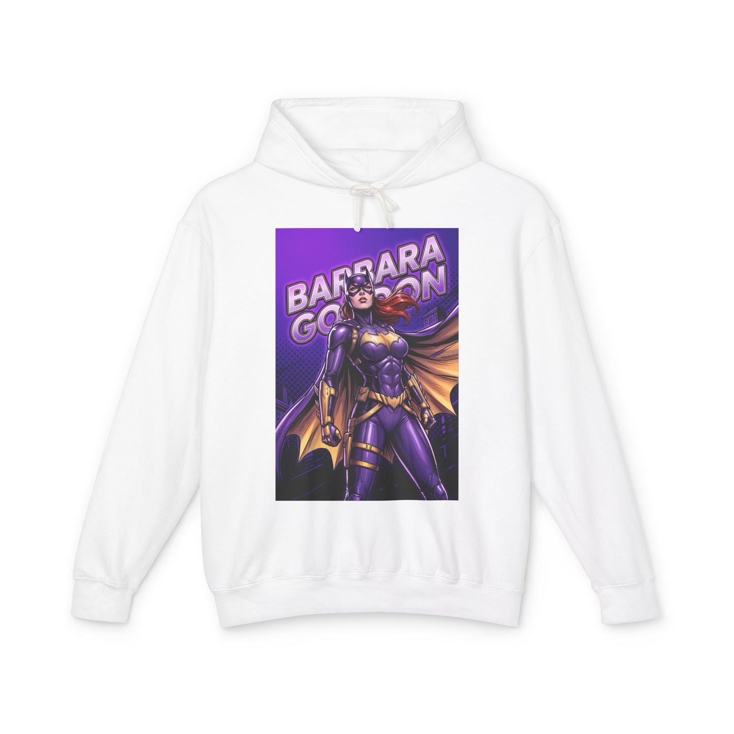 Batgirl Hoodie | DC Superhero Hoodie | Gotham Vigilante Pullover — white pullover with purple-and-gold Batgirl graphic, lightweight 100% cotton, relaxed fit