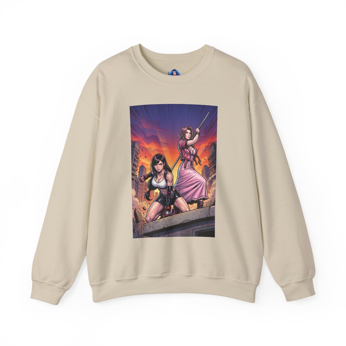 Tifa Lockhart & Aerith Gainsborough Sweatshirt, Game Character Art, Premium Fan Apparel - cream crewneck with Tifa and Aerith battle-ready illustration