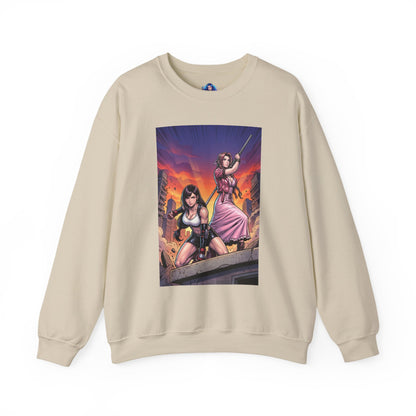 Tifa Lockhart & Aerith Gainsborough Sweatshirt, Game Character Art, Premium Fan Apparel - cream crewneck with Tifa and Aerith battle-ready illustration