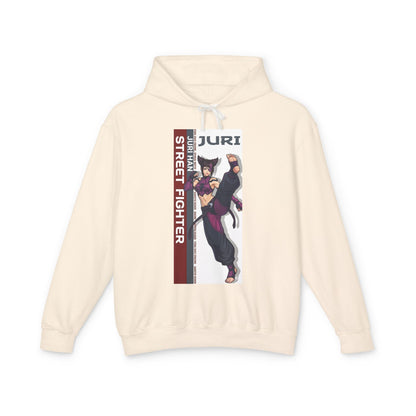 Juri Hoodie | Street Fighter Hoodie | Anime Fighter Girl Pullover - cream pullover with bold Juri anime illustration and vertical Street Fighter text