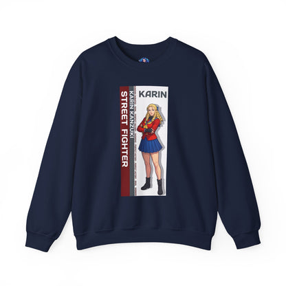Karin Sweatshirt, Street Fighter Crewneck, Elegant Fighting Game Apparel for Fans navy crewneck with Karin blonde character illustration