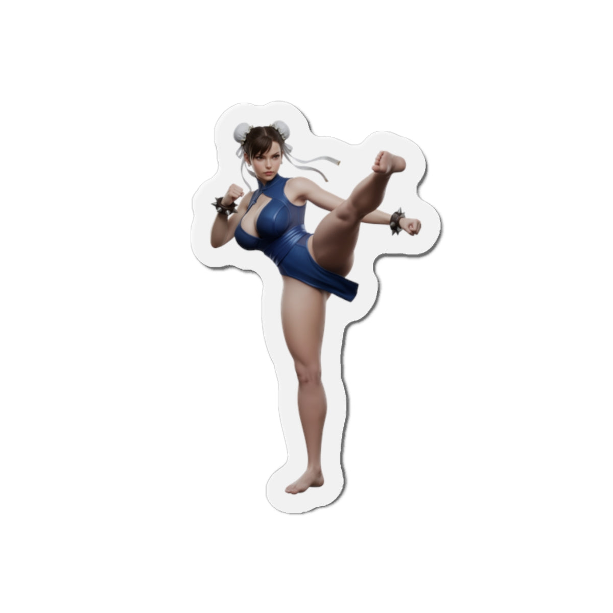 Chun-Li Magnet – Street Fighter Character Fridge Magnet, Anime Game Decor die-cut vinyl fridge magnet showing Chun-Li kicking in blue outfit