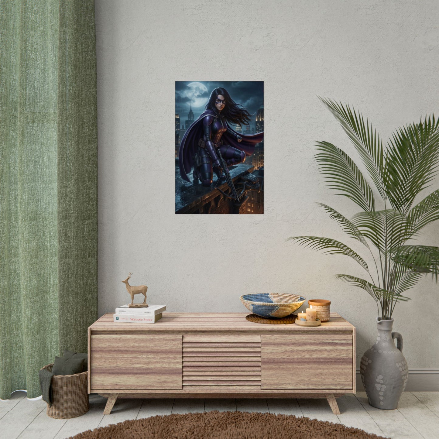 Huntress Poster, DC Comics Wall Art Print – Dark Hero Decor displayed in modern media room above console, dark superhero wall art