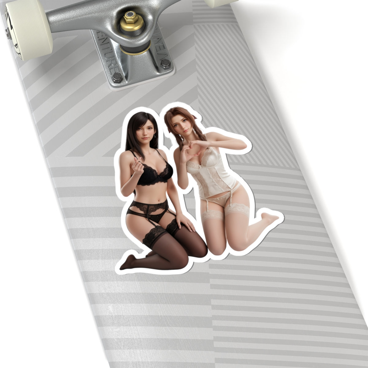 Tifa and Aerith Sticker – Fantasy Game Vinyl Sticker for Laptops & Indoor Decor on skateboard laptop decal showing two heroines in glossy vinyl