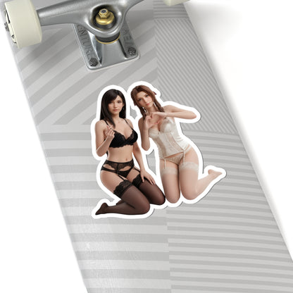 Tifa and Aerith Sticker – Fantasy Game Vinyl Sticker for Laptops & Indoor Decor on skateboard laptop decal showing two heroines in glossy vinyl