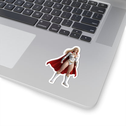 Power Girl Sticker – Comic Heroine Vinyl Sticker for Laptops & Indoor Decor, glossy durable vinyl sticker on silver laptop showing bold comic heroine