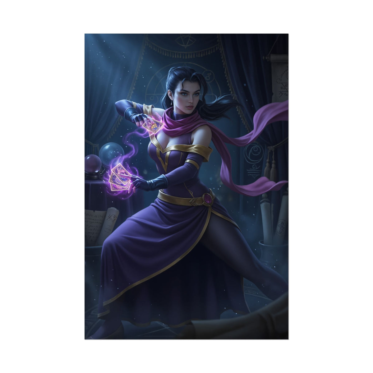 Rose Poster, Street Fighter Art Print  Iconic Mystic Heroine Wall Art showcasing a mystical heroine casting purple magic in high-resolution print