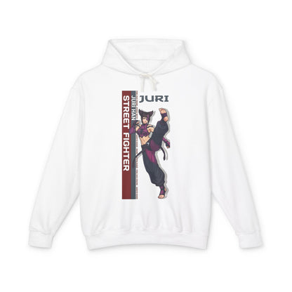 Juri Hoodie | Street Fighter Hoodie | Anime Fighter Girl Pullover white pullover with bold Juri anime illustration and vertical 'Street Fighter' stripe