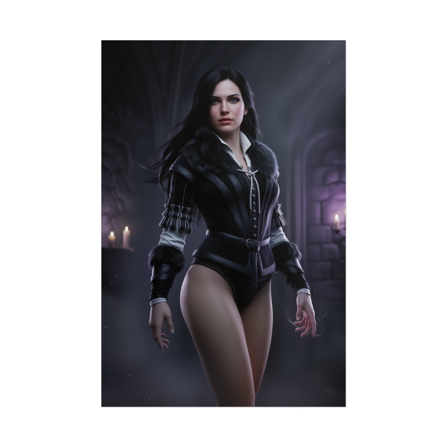 Yennefer Poster Witcher Wall Art Print Fantasy Decor RPG Character showcasing the sorceress in a dark gothic interior with cinematic lighting