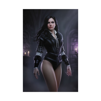 Yennefer Poster Witcher Wall Art Print Fantasy Decor RPG Character showcasing the sorceress in a dark gothic interior with cinematic lighting