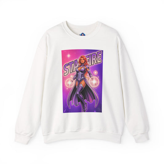 Starfire Sweatshirt, DC Comics Cosmic Art, Premium Heroine Apparel - white crewneck with vibrant anime-style Starfire, glowing energy orbs and purple armor