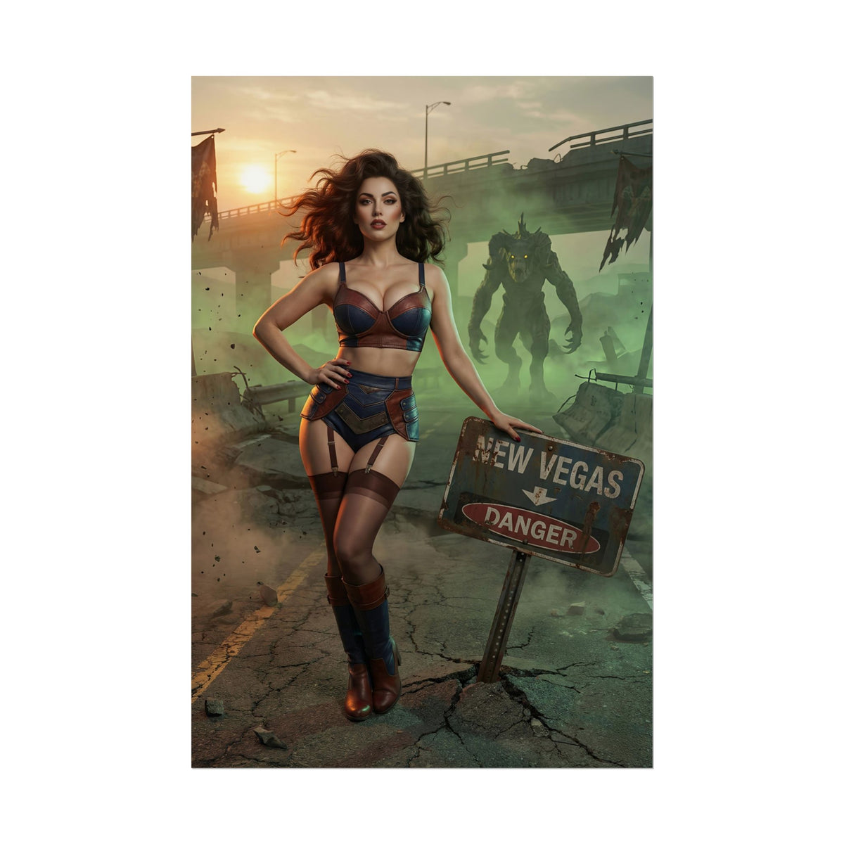 Fallout Pinup Queen Poster / Fallout Pinup Wall Art / Fallout Pinup Art Print / Fallout Poster - glamorous pinup woman in postapocalyptic New Vegas scene