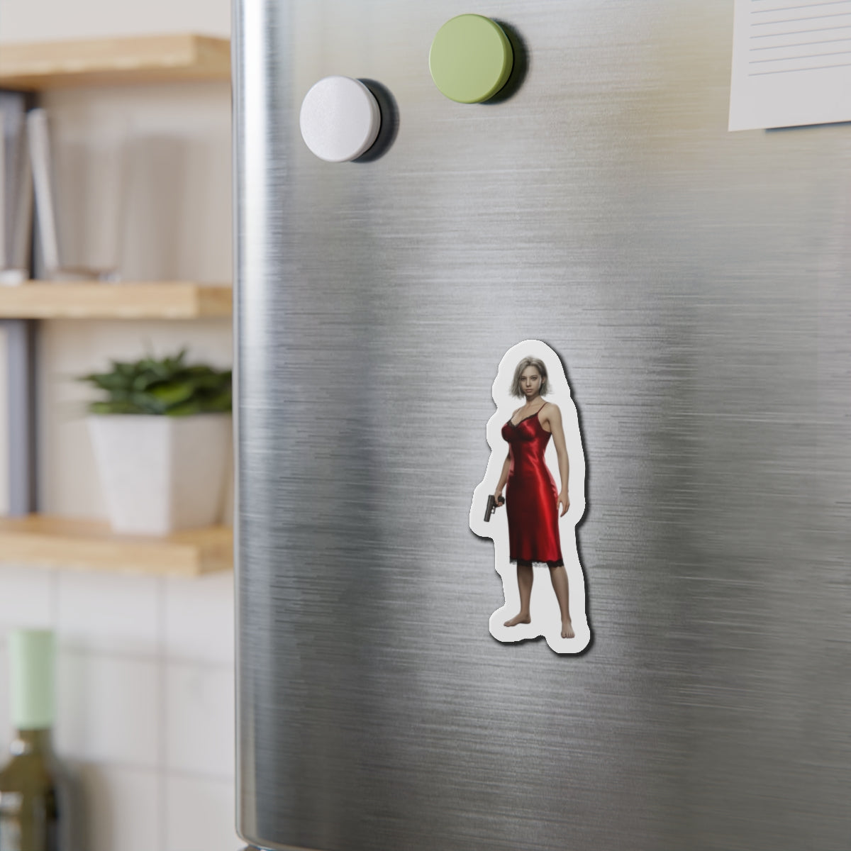 Grace Ashcroft Magnet, Resident Evil Fridge Magnet, Horror Character Gamer Gift featuring anime-style Grace Ashcroft in red dress on matte vinyl