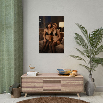 Tifa Aerith Poster, Final Fantasy Art Print – Legendary JRPG Duo Wall Art featuring Tifa and Aerith seated together in stylish gamer room decor