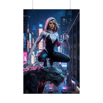 Gwen Stacy Poster, Spider-Verse Art Print, Iconic Superhero Character – dynamic Gwen in hooded suit perched on gargoyle over neon city
