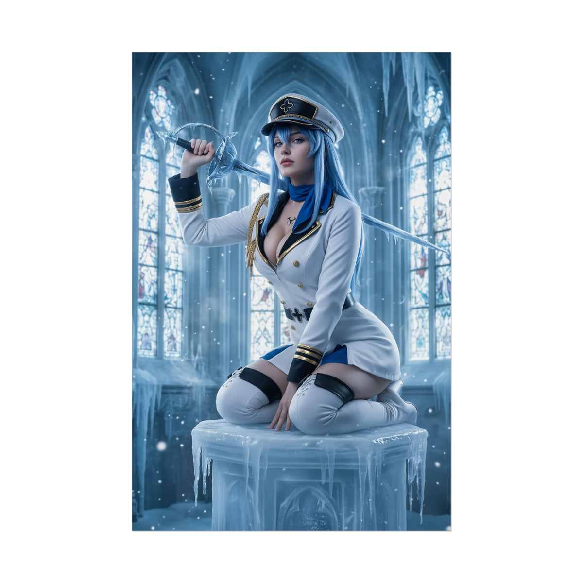 Esdeath Poster, Akame ga Kill Art Print, Iconic Ice General Wall Decor - anime print of ice general Esdeath in white uniform holding sword