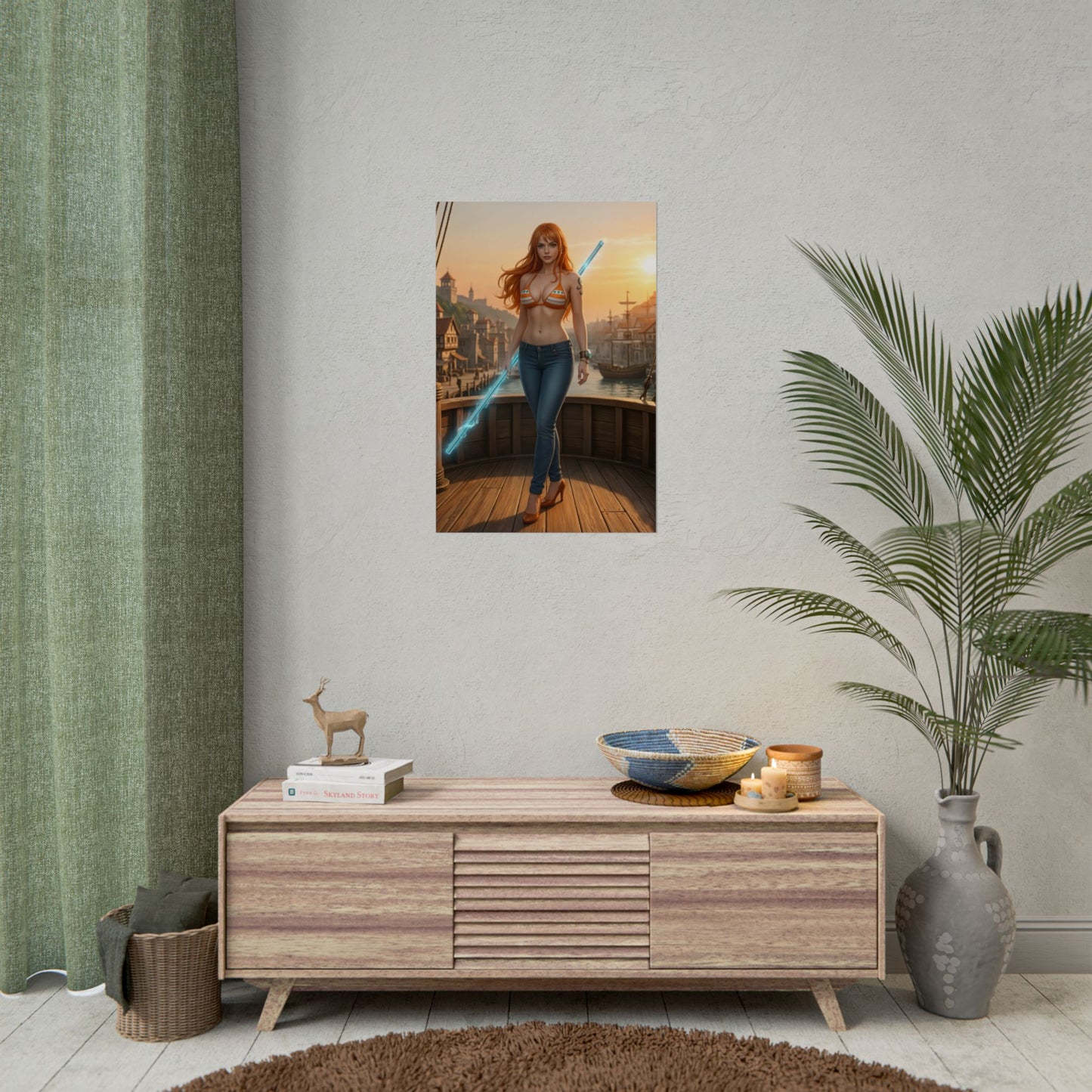 Nami Poster, One Piece Art Print, Iconic Navigator Anime Character displayed in modern living room over console table