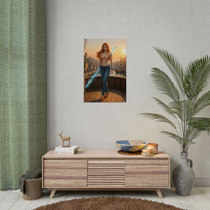 Nami Poster, One Piece Art Print, Iconic Navigator Anime Character displayed in modern living room over console table