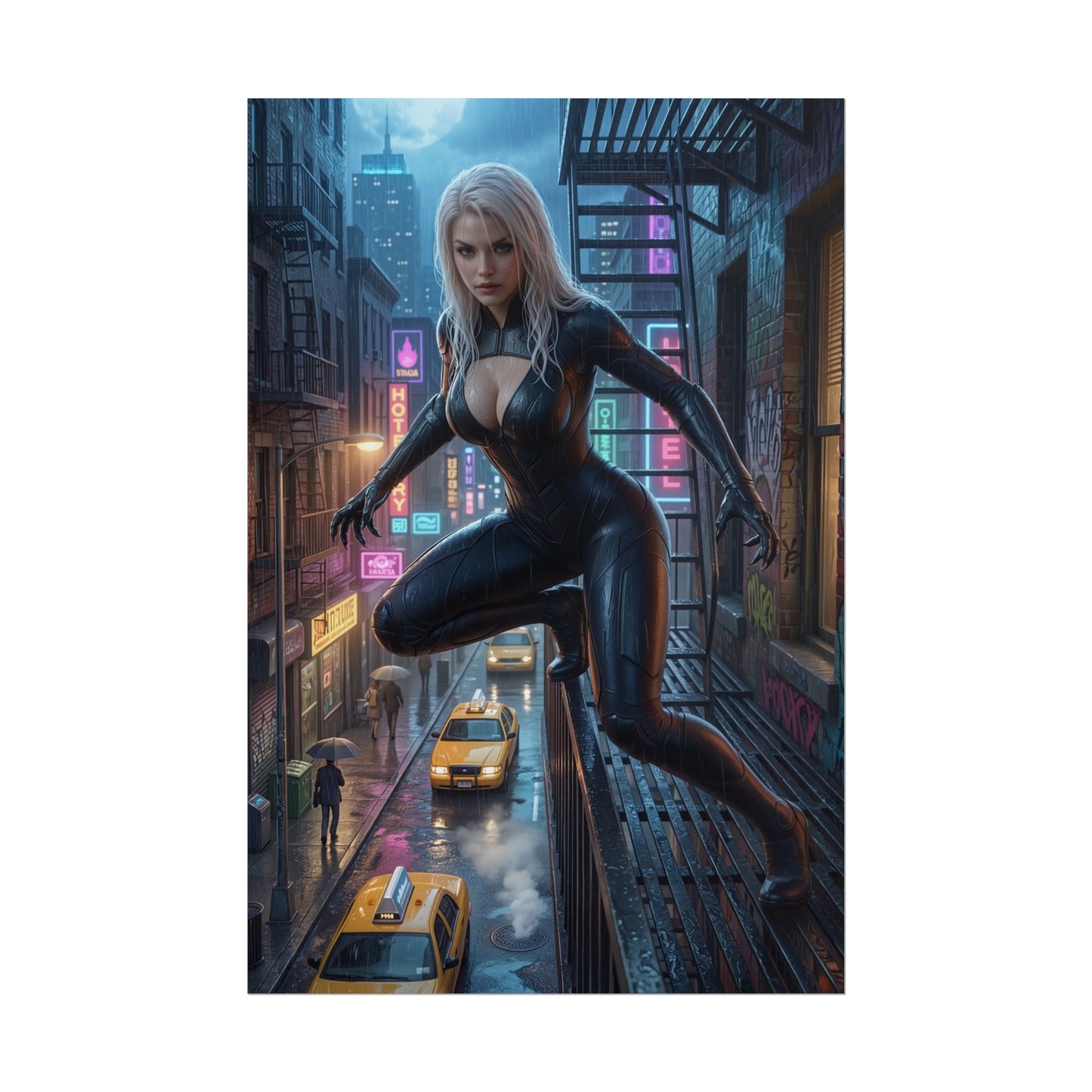 Black Cat Poster, Marvel Art Print – Iconic Comic Anti-Heroine Wall Art featuring Black Cat in black suit perched above neon city street