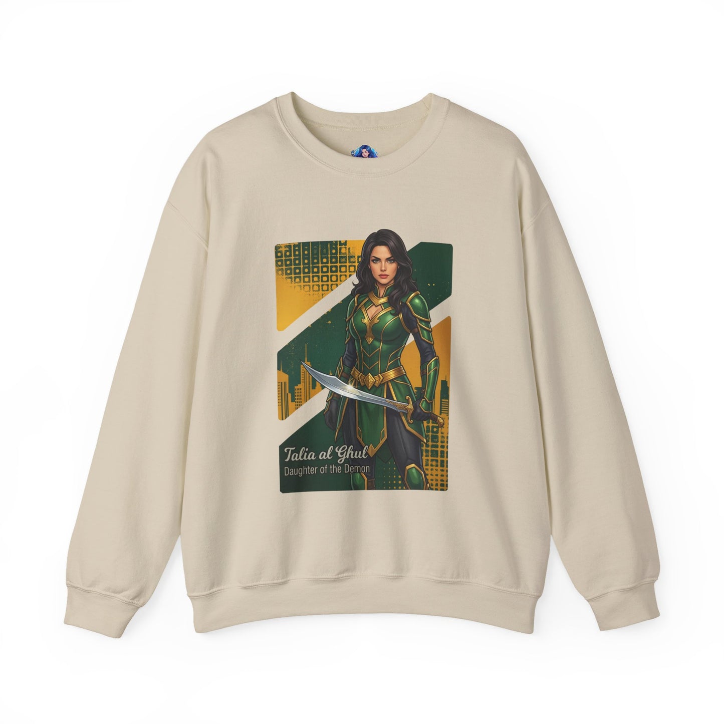 Talia al Ghul Sweatshirt, DC Comics Crewneck, Elegant Villain Apparel for Fans — beige crewneck with Talia al Ghul artwork and sword