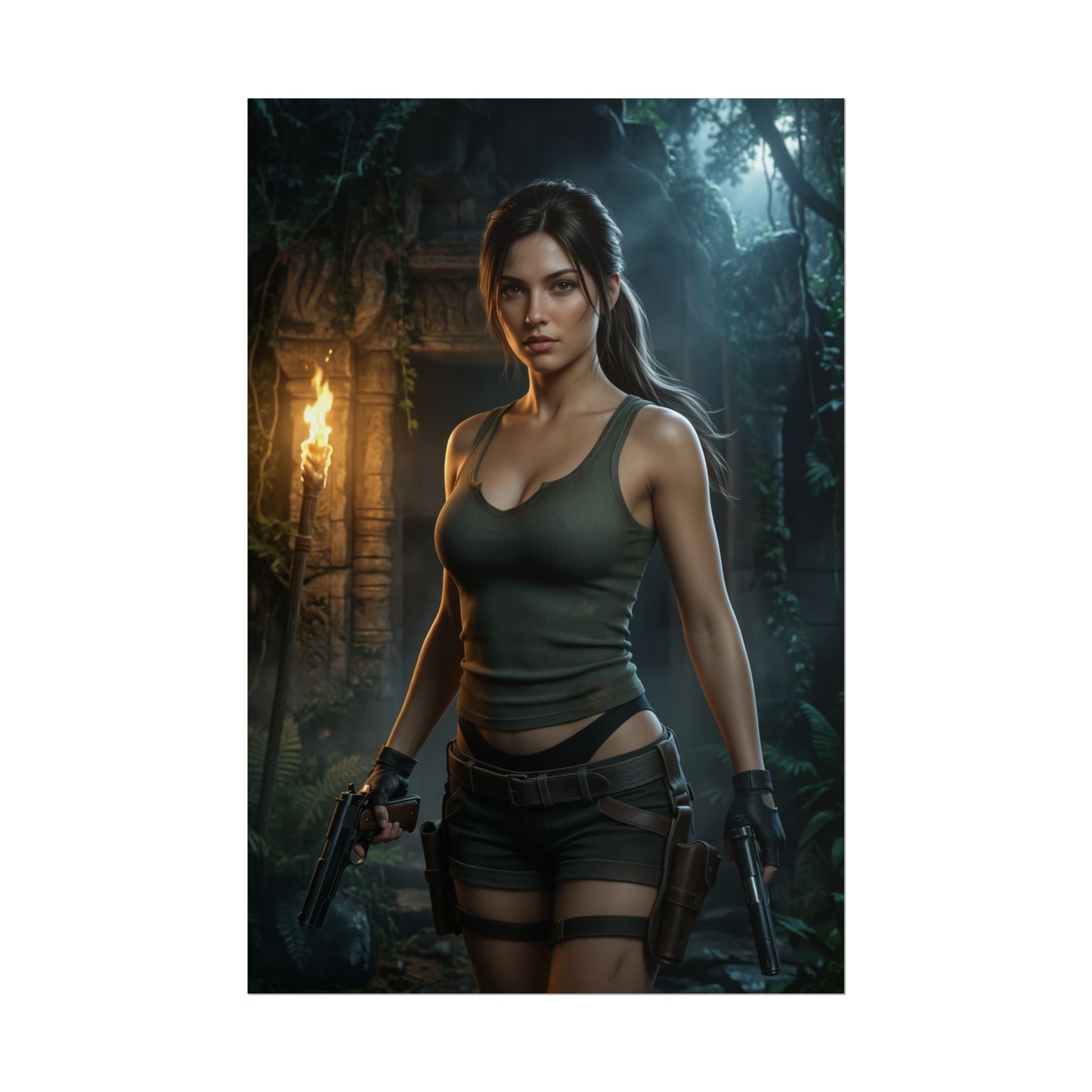 Lara Croft Poster Tomb Raider Wall Art Print Adventure Decor featuring Lara in jungle ruins with guns, sunset lighting and intense action energy