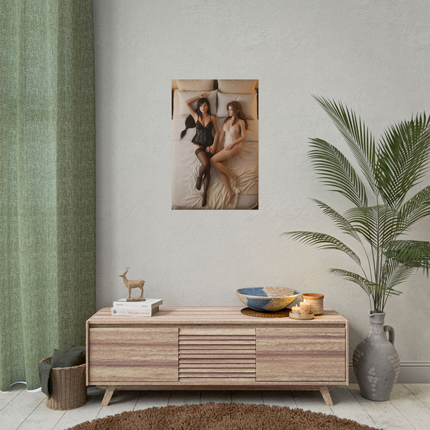 Tifa Aerith Poster, Final Fantasy VII Art Print – Collector RPG Artwork framed on living room wall above console, elegant gamer room décor