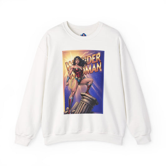 Wonder Woman Sweatshirt, DC Comics Character Art, Premium Fan Apparel — white crewneck showing Wonder Woman standing on a column with red and gold illustration