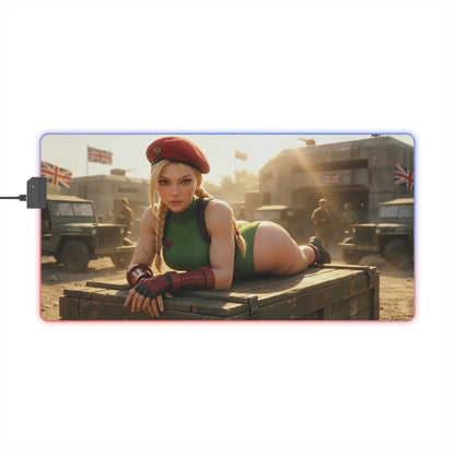 Cammy White Desk Mat – LED RGB Pad, Waifu Fighter Anime Girl Setup showing Cammy in green leotard and red beret on illuminated gaming desk mat