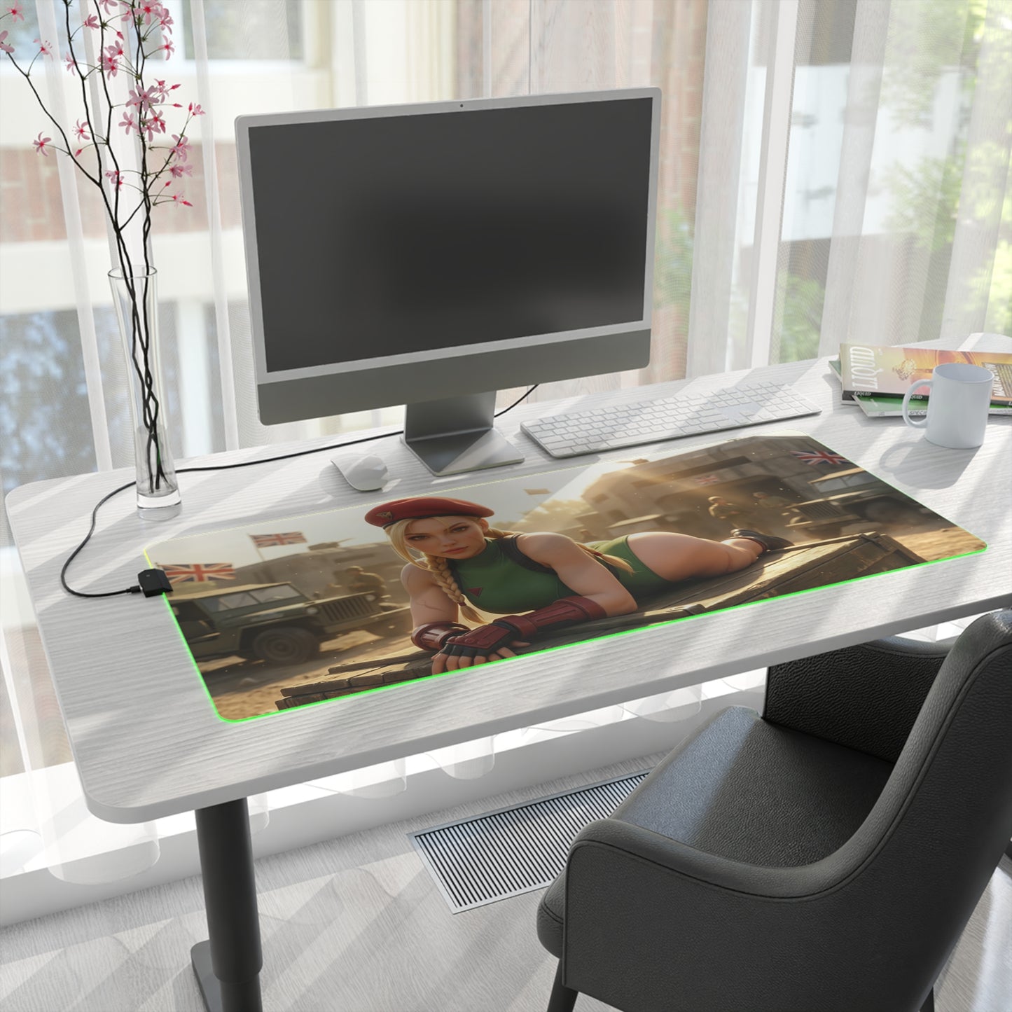 Cammy White Desk Mat – LED RGB Pad, Waifu Fighter Anime Girl Setup showcasing Cammy on a large RGB-edged gaming desk mat under monitor