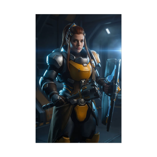 Brigitte Poster, Overwatch Art Print – Iconic Support Heroine Wall Art showing armored Brigitte with shield and flail in sci-fi gaming room