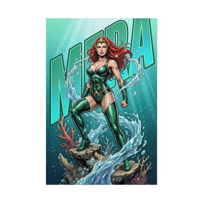 Mera Poster / Mera Wall Art / Mera Art Print / DC Comics Poster - fierce Atlantean woman commanding water above ocean, dynamic superhero wall art
