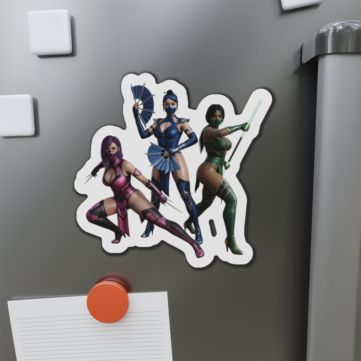 Kitana, Jade, Mileena Magnet – Mortal Kombat Anime Trio Fridge Magnet showing die-cut anime-style characters on a fridge, high-resolution vinyl magnet