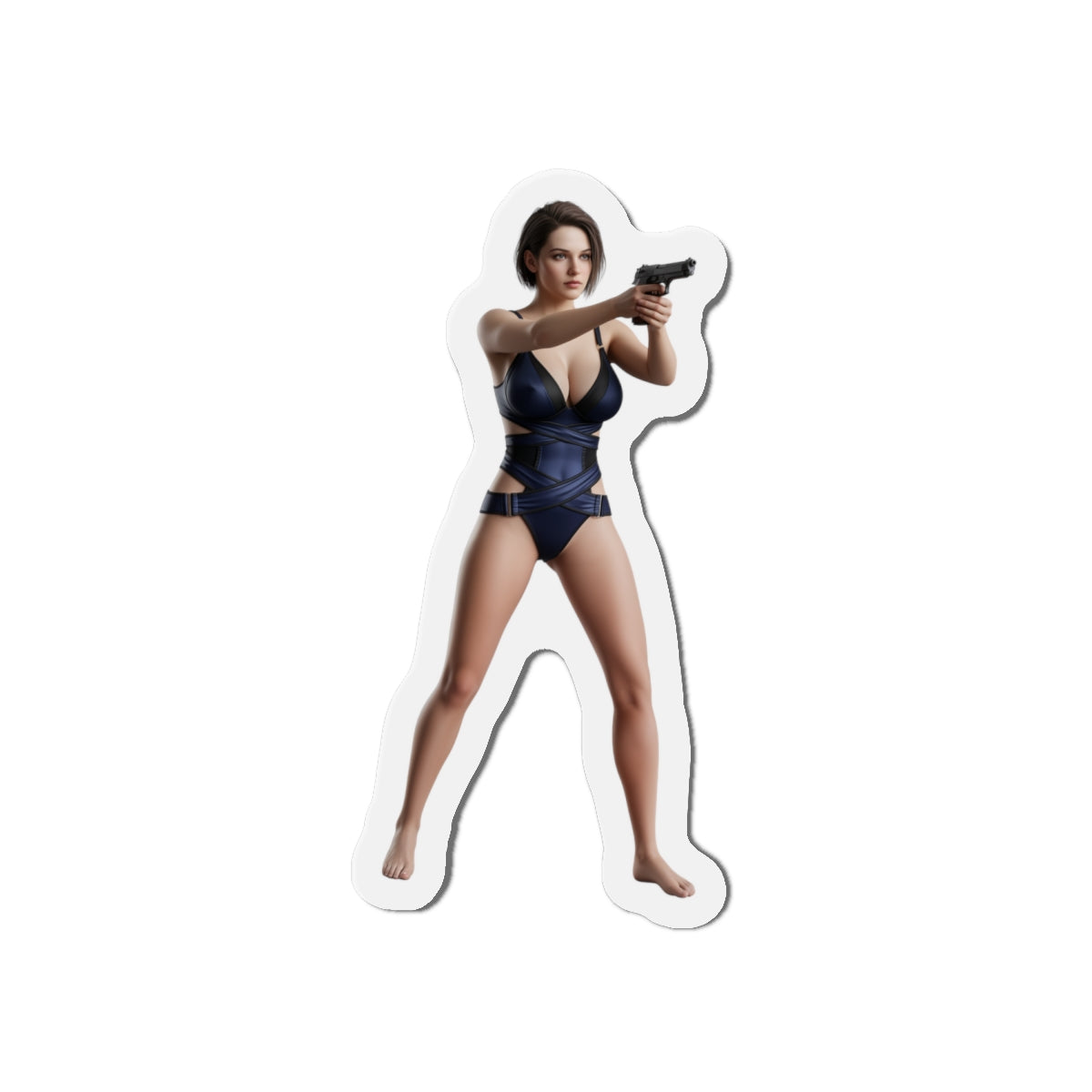 Alt Tag: Jill Valentine Magnet – Resident Evil Heroine Fridge Magnet, Game Decor showing die-cut vinyl anime-style Jill aiming handgun on white background