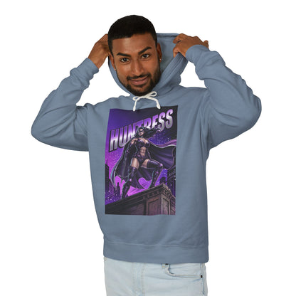 Huntress Hoodie | DC Vigilante Hoodie | Gotham Avenger Pullover - man wearing Huntress graphic pullover hoodie in slate blue