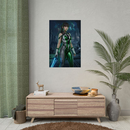 EVE Poster, Stellar Blade Art Print, Iconic Sci-Fi Action Hero — sleek green-suited heroine art perfect for gaming room or modern sci-fi interior