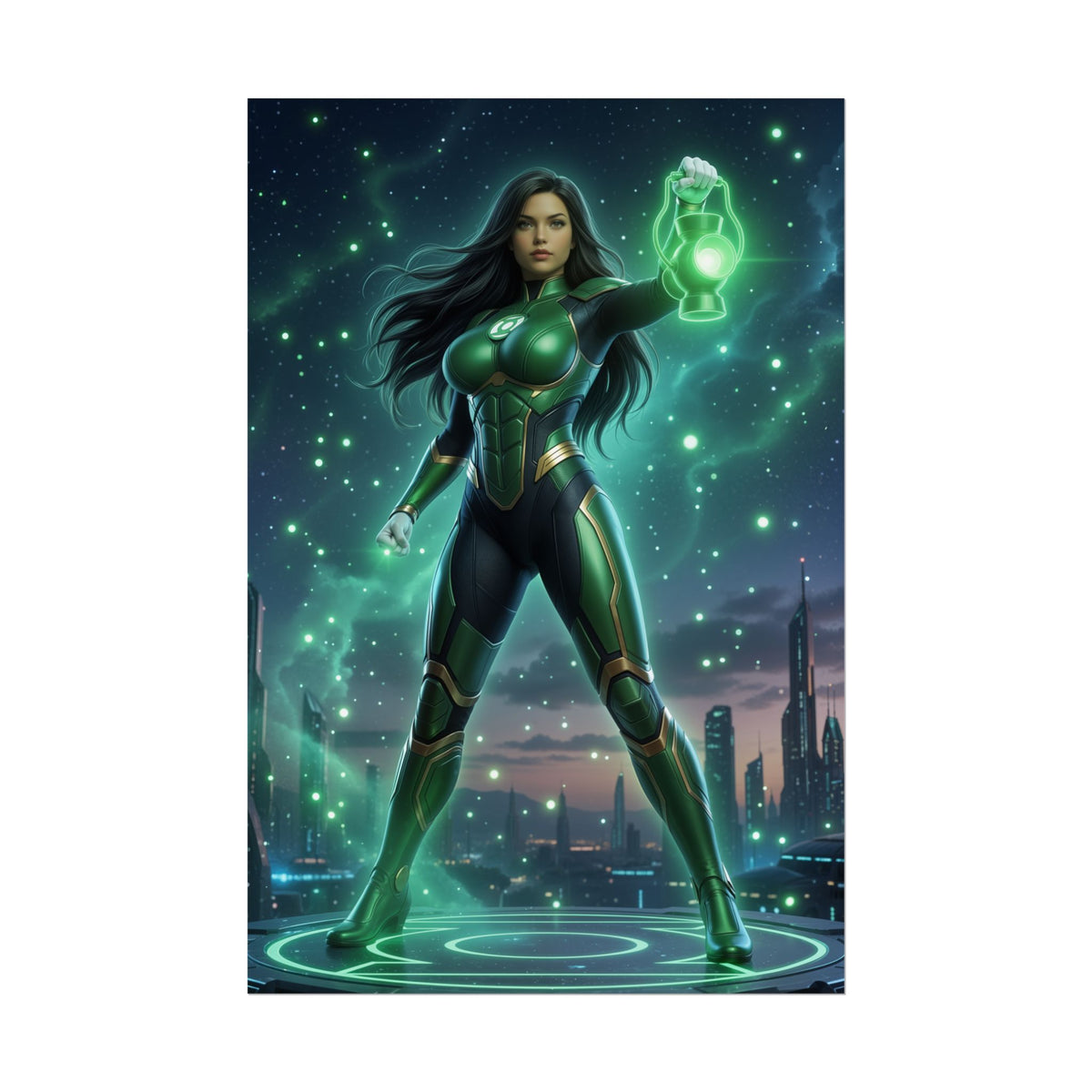 Jessica Cruz Poster, DC Comics Wall Art Print  Heroine Decor showing Jessica Cruz in glowing green Lantern suit holding lantern over futuristic city
