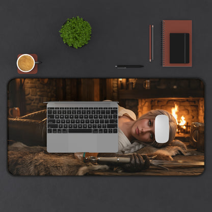 Ciri Gaming Mouse Pad, Witcher Desk Mat, Fantasy Heroine Gaming Setup — HD warrior artwork desk mat with fireplace scene