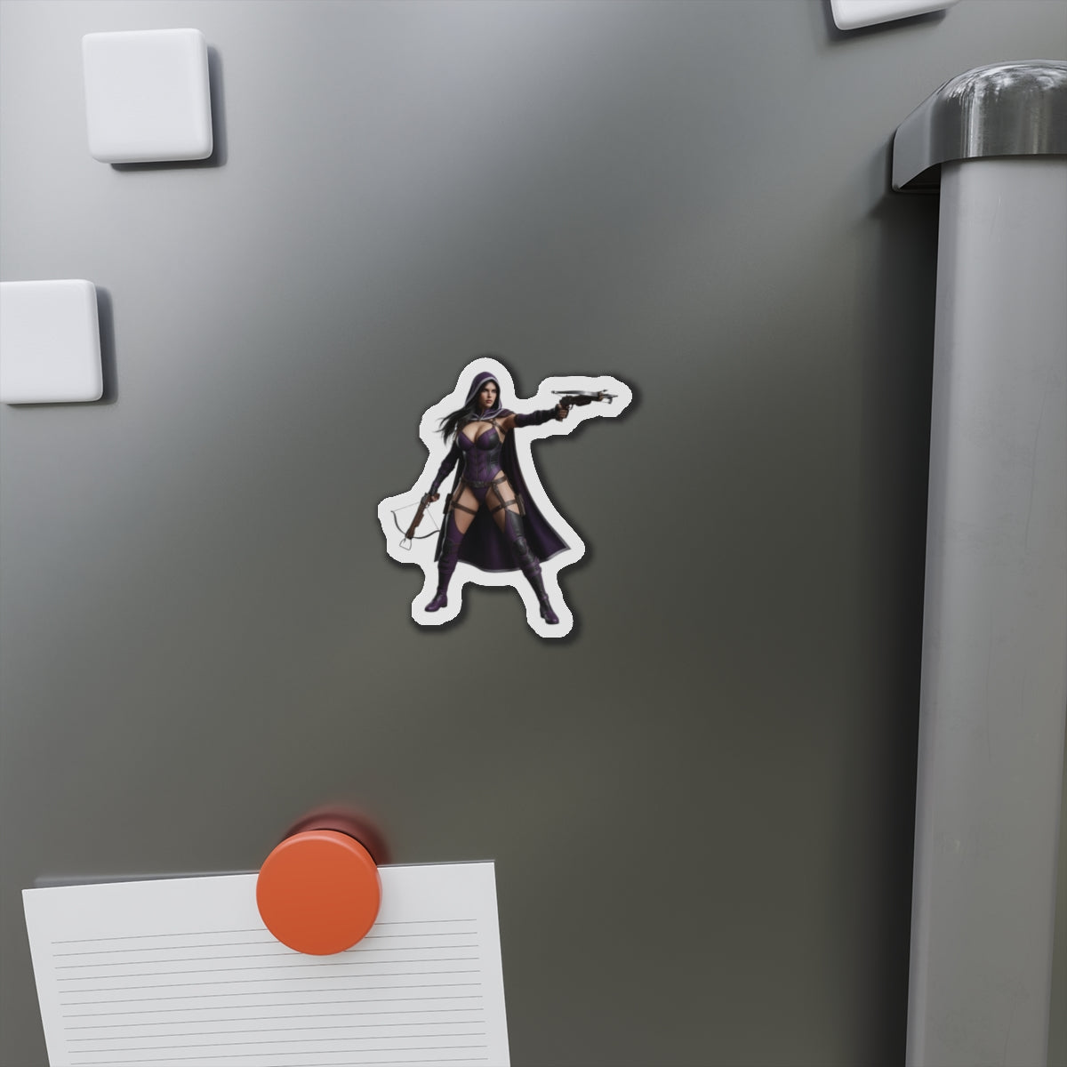 Huntress Magnet – DC Comic Heroine Fridge Magnet, Anime Style Decor: die-cut vinyl Huntress fridge magnet in dark tactical anime style on metallic fridge