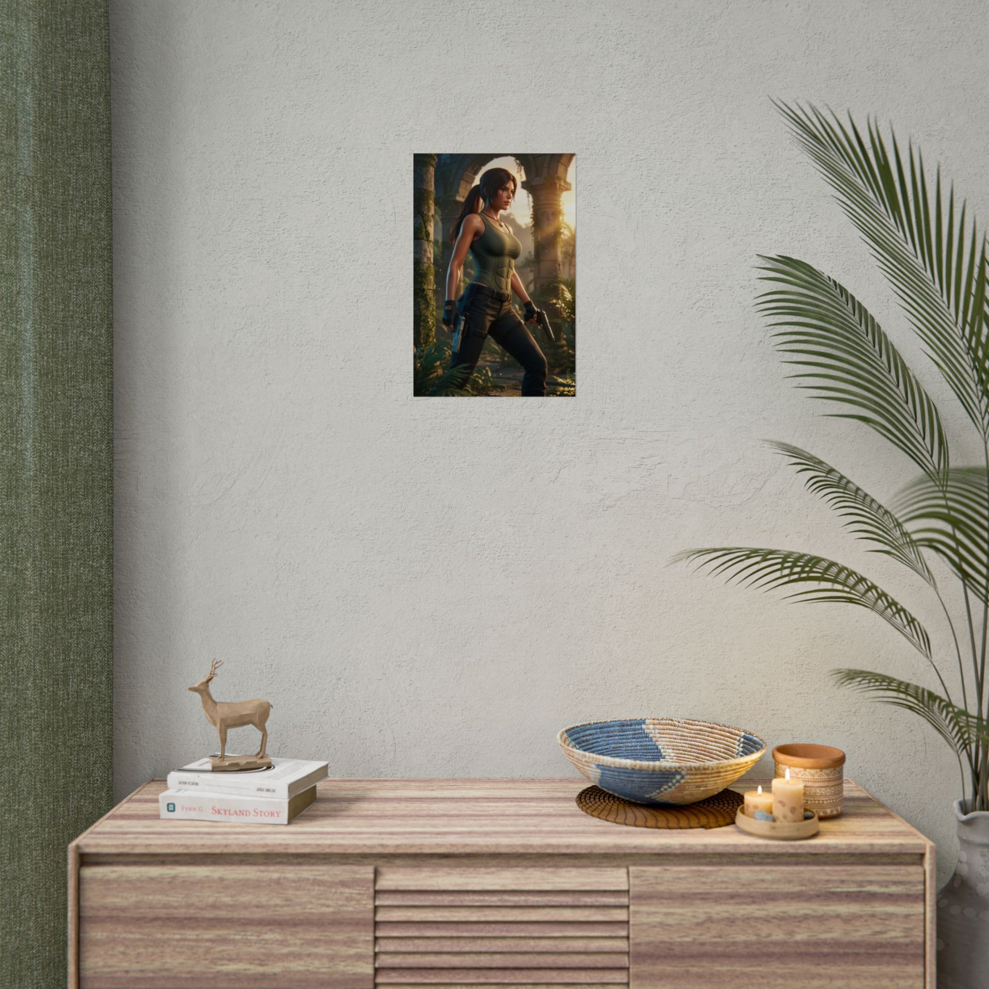 Lara Croft Poster, Tomb Raider Wall Art Print – Gaming Adventure Decor on a neutral wall above a modern console in a gamer room setup