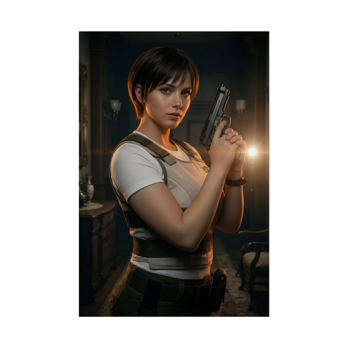 Rebecca Chambers Poster, Resident Evil Art Print  Iconic Survival Heroine featuring realistic portrait of Rebecca holding a handgun in dimly lit room