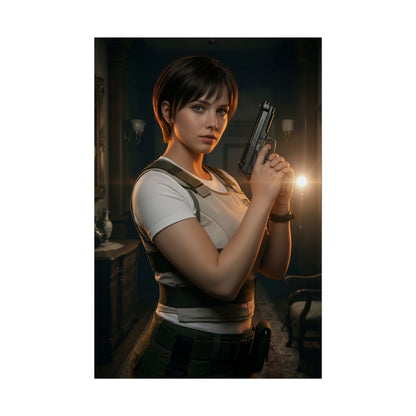 Rebecca Chambers Poster, Resident Evil Art Print – Iconic Survival Heroine featuring realistic portrait of Rebecca holding a handgun in dimly lit room