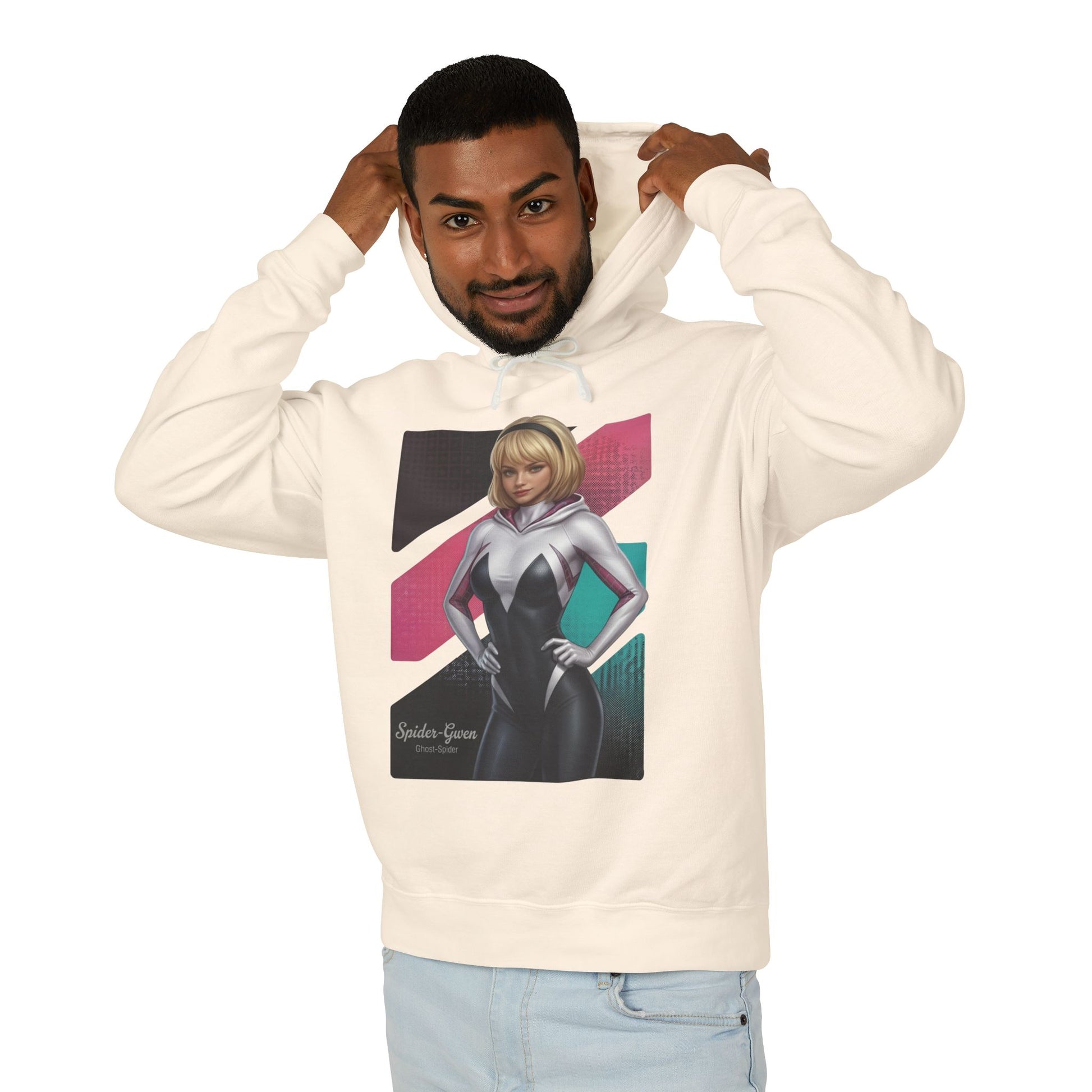 Spider-Gwen Hoodie | Marvel Comics Hoodie | Anime Spider Heroine Pullover - cream pullover with anime Spider-Gwen graphic modeled by smiling man