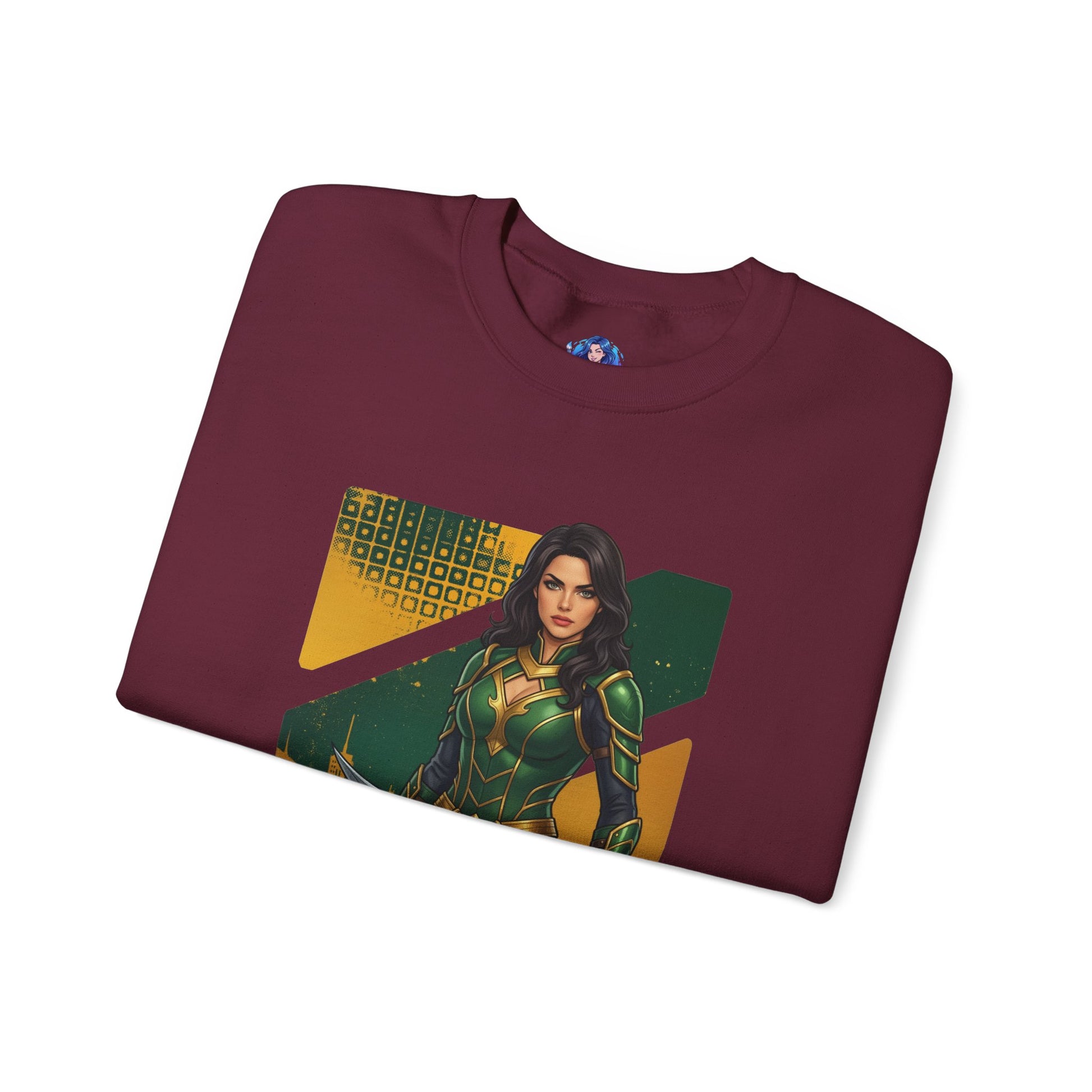 Talia al Ghul Sweatshirt, DC Comics Crewneck, Elegant Villain Apparel for Fans - maroon crewneck with Talia al Ghul portrait art