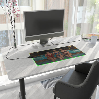 Ada Wong, Claire Redfield & Jill Valentine Desk Mat – LED RGB Pad on modern white desk with green LED glow