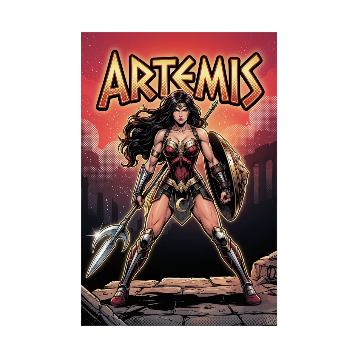 Artemis Poster / Artemis Wall Art / Artemis Art Print / DC Comics Poster - fierce warrior Artemis with shield and spear against ancient battlefield backdrop