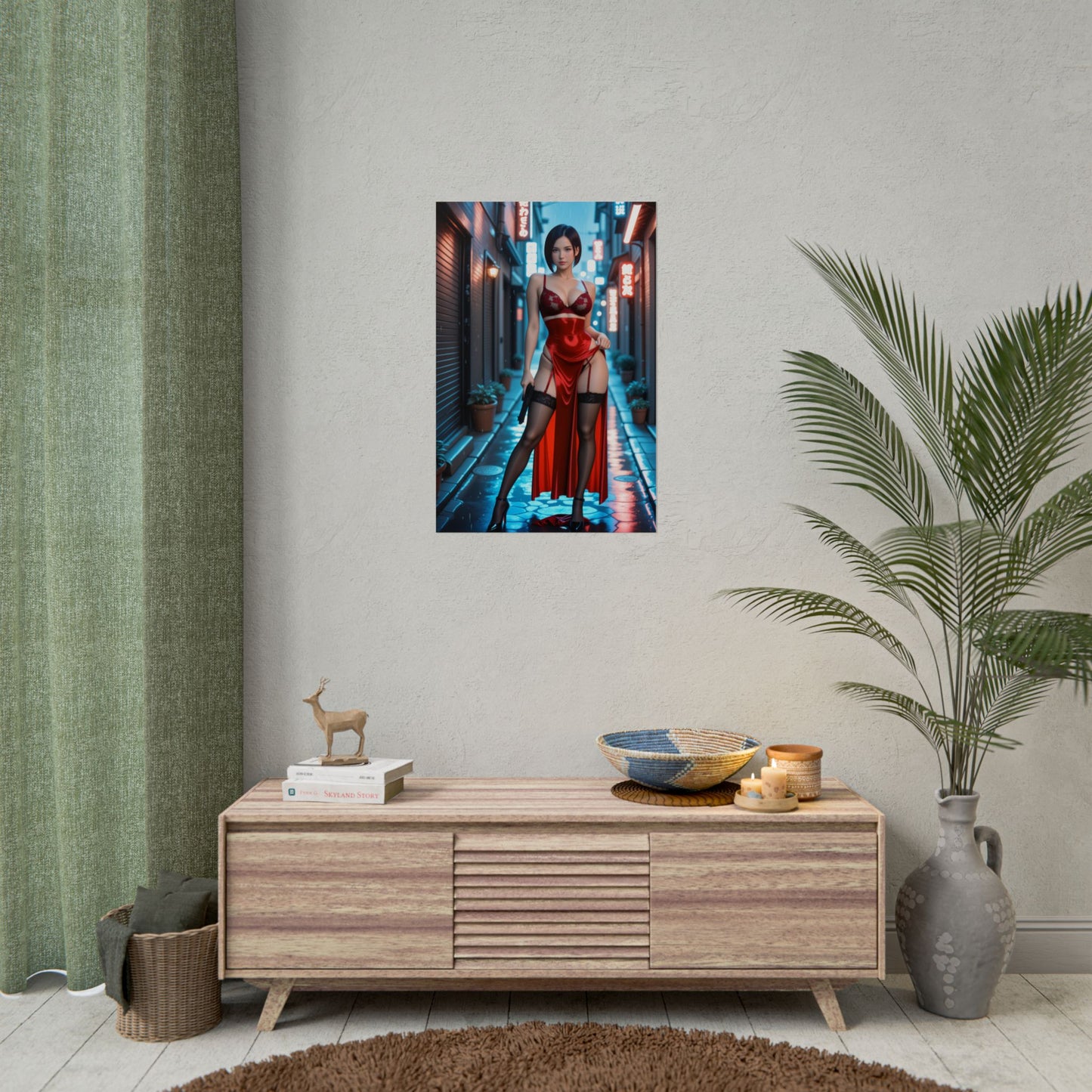 Ada Wong Poster, Anime-Mädchen im roten Kleid Kunstdruck, Waifu-Spionin Wanddeko